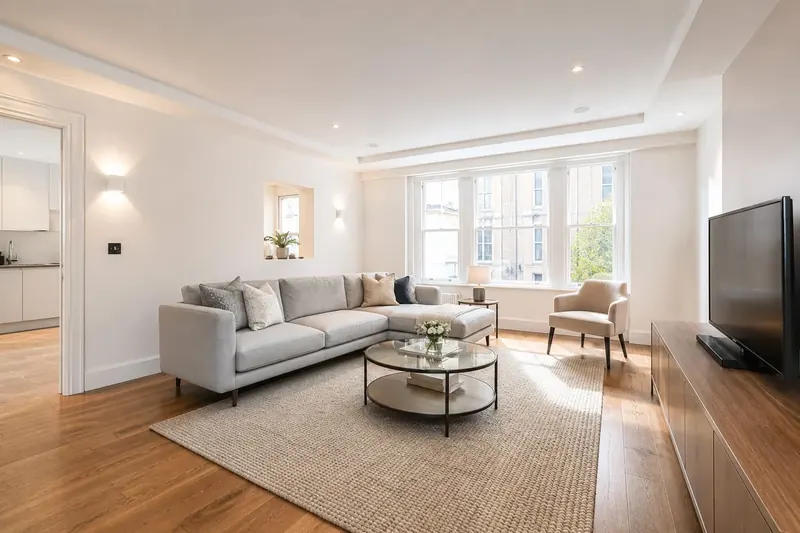 Bright living room with a grey corner sofa, round glass coffee table and wooden floor