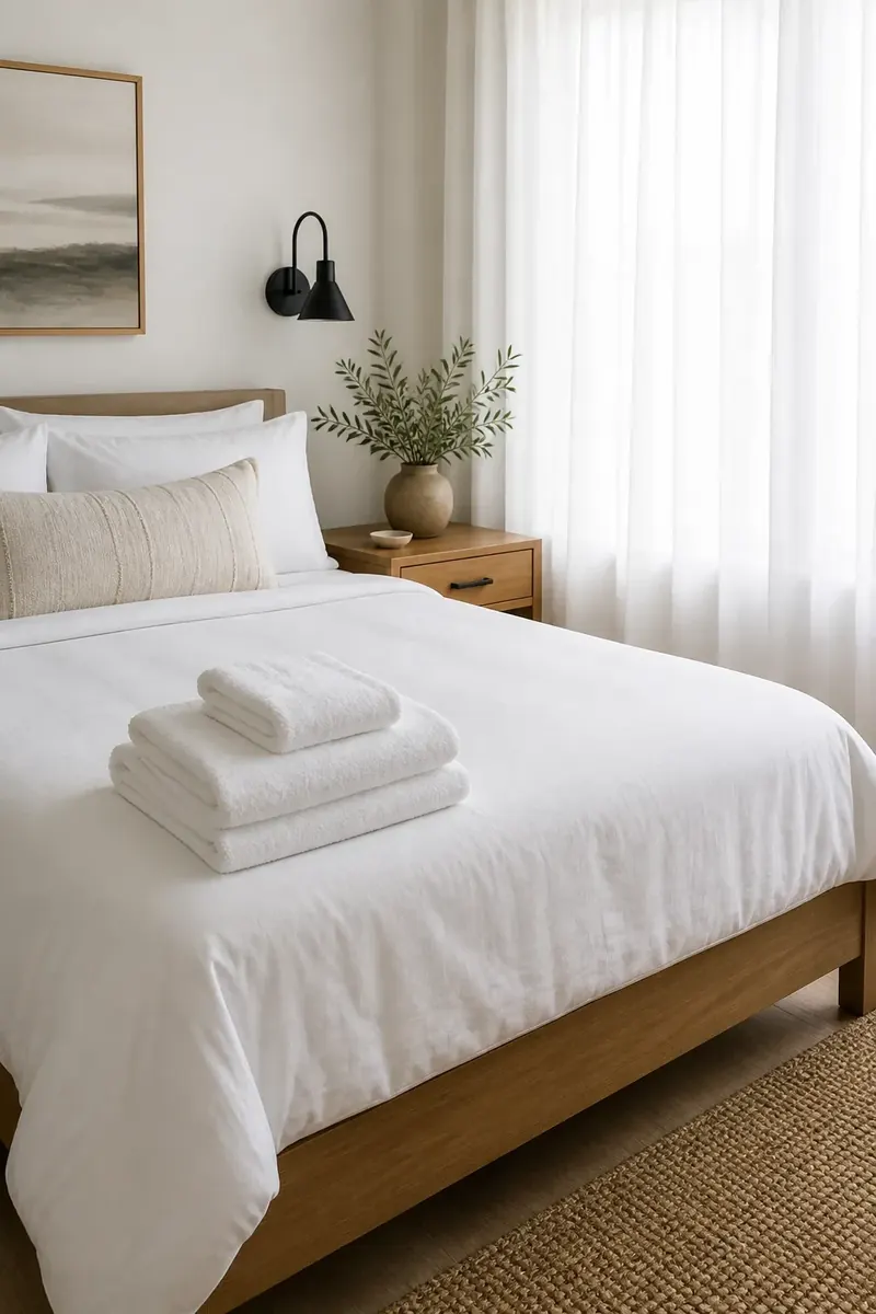 Made bed with white bedding and folded white towels